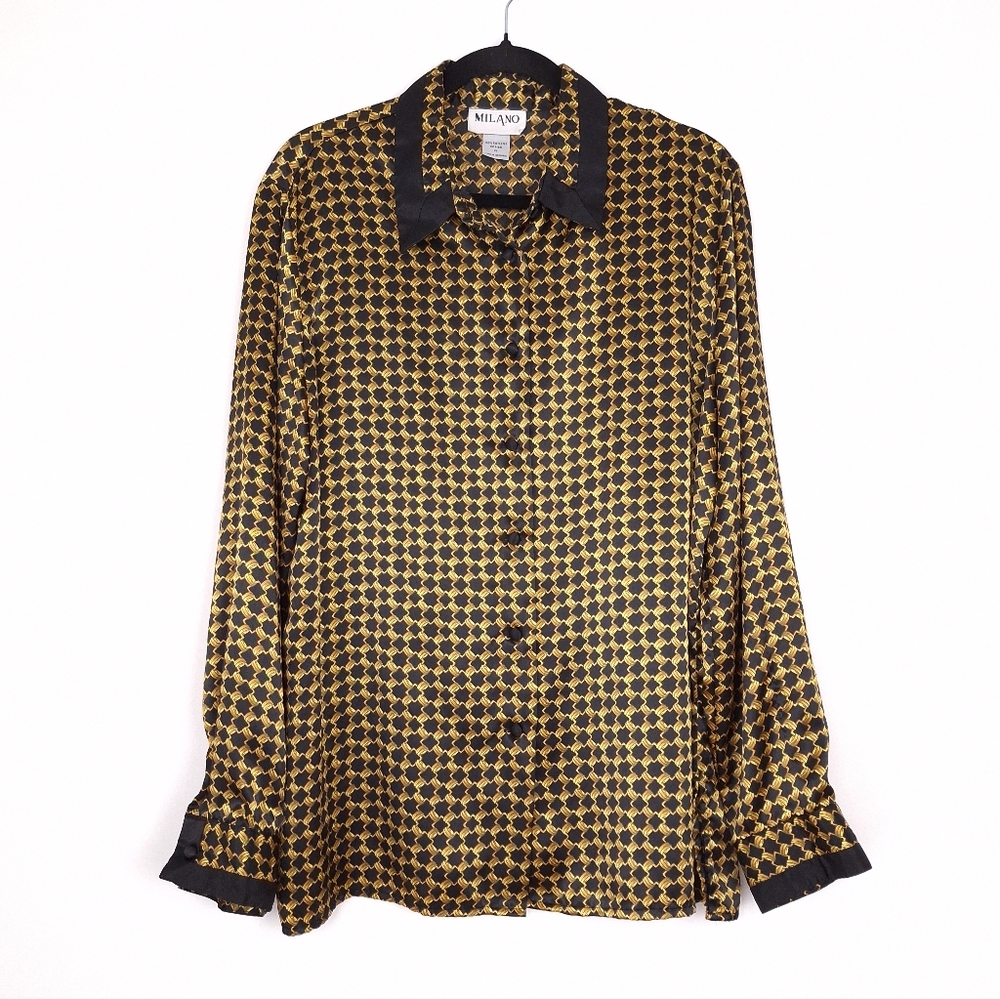 Milano vintage satin button up shirt chain print long sleeve retro glam black